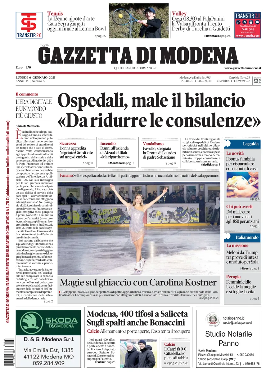 Prima-pagina-gazzetta di modena-oggi-edizione-del-2025-01-06